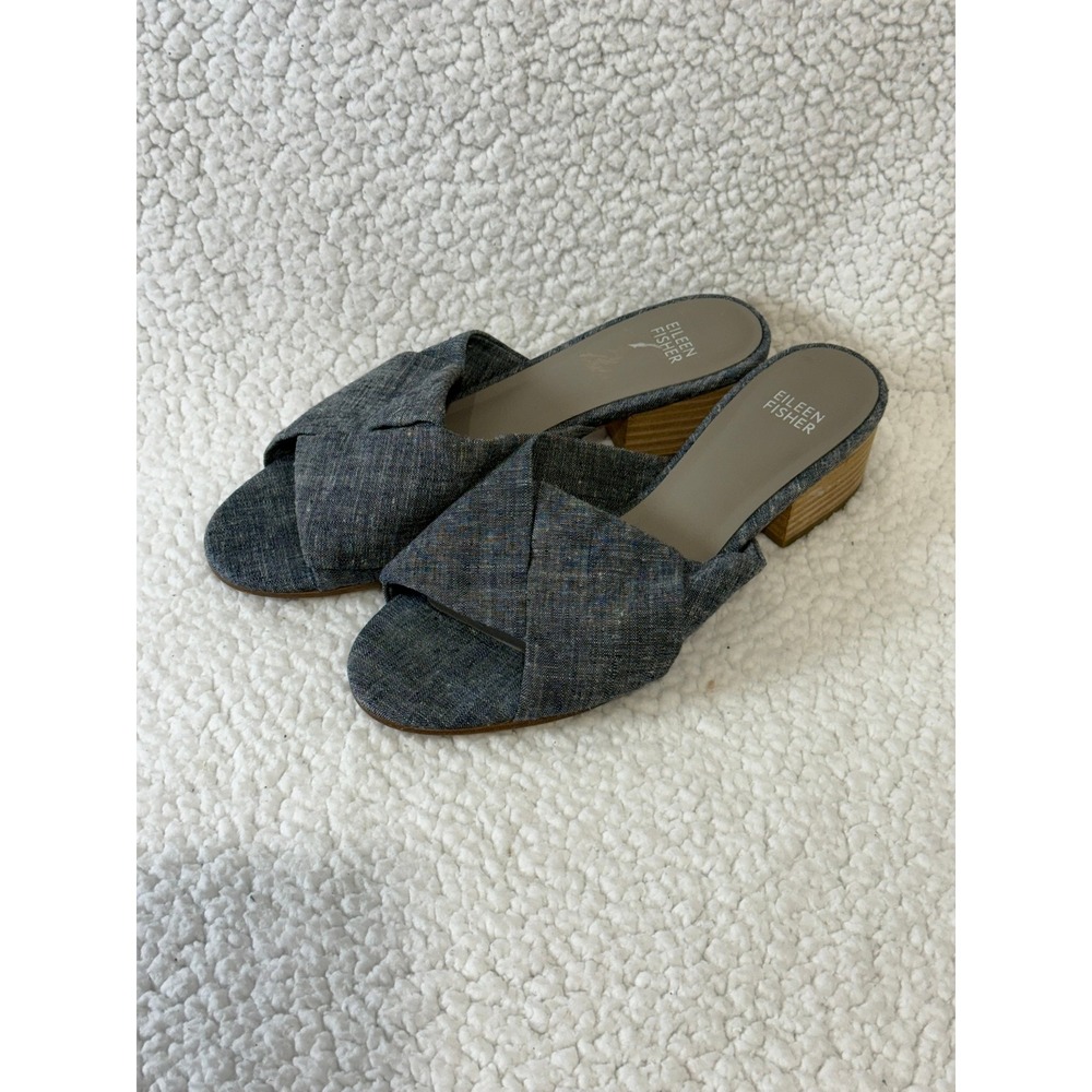 Eileen Fisher Womens Denim Blue Crisscross Block Heel Mule Sandals Size 8.5